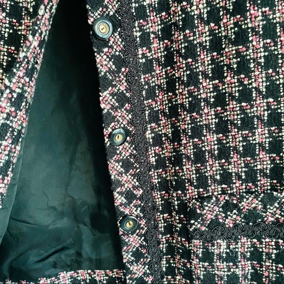 VINTAGE Tweed Structured Blazer Cropped Jacket Black Pink Size 8P - Picture 11 of 13